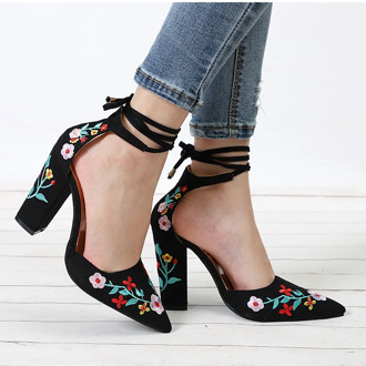 Women High Heels Plus Size Embroidery Pumps Flower Ankle Strap Shoes Female Two Piece Sexy Party Wedding Pointed Toe