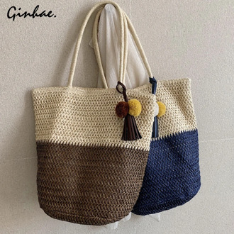 Women Large Capacity Straw Shoulder Bags Panelled Tassel Bucket Bag Elegant Tote Bags Vintage Handmade Beach Bags Casual Handbag