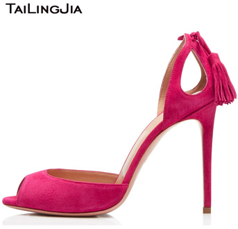 Women Peep Toe High Heel Sandals with Tassel Pink Cut Outs D'Orsay Black Evening Dress Heels Ladies Summer Heeled Shoes 2018