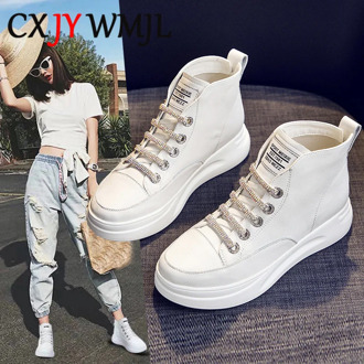 Women Platform Sneakers White High Top Vulcanize Shoes Leather Chunky Casual Shoe Fashion Autumn Leisure Flats Women's Sneaker 9