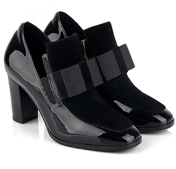 Women Pumps Bowknot Square Toe Black Patent Leather Chunky Heels Thick Heel Pumps Ankle Boots Booties Patent Leather Shoes