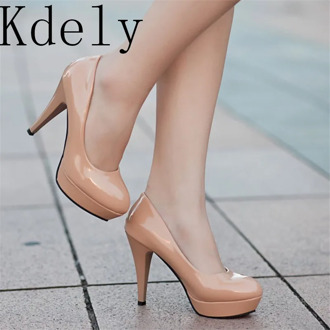 Women Pumps Fashion Classic Patent Leather High Heels Shoes Nude Sharp Head Paltform Wedding Women Dress Shoes Plus Size 34-42