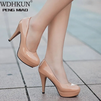 Women Pumps Fashion Classic Patent Leather High Heels Shoes Nude Sharp Head Paltform Wedding Women Dress Shoes Plus Size 34-42