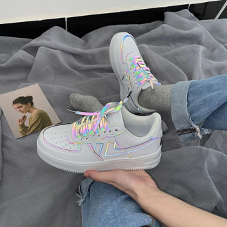 Women Reflective Sneakers Summer Casual Breathable Leather Shoes Soft Thick Heel Sneakers Designer Running Platform White Shoes