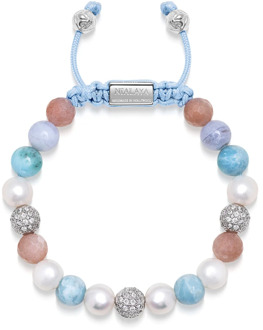 Women's Beaded Bracelet with Larimar, Pearl, Blue Lace Agate and Pink Aventurine Nialaya , Blue , Dames - L,M,S,Xs