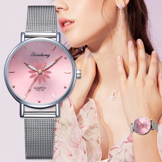 Women's Daisy Flowers Watches Luxury Silver Popular Pink Dial Wristwatches Mess Ladies Bracelet Quartz Clock Fashion Wrist Watch