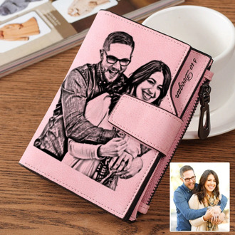Women's Engraved Photo Wallet Ladies Zipper Hasp Short Tri-fold Wallets Card Holder Purse Personalized Gift for Men Girl Women