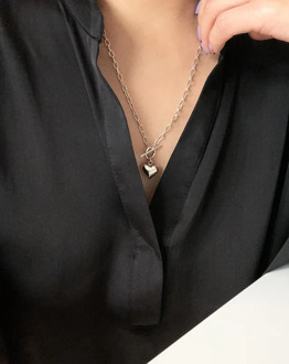 Women's Gift 100% Authentic 925 Sterling silver Polished Rounded Love pendant Chunky Chain Sweater Long Necklace Toggle TLX880