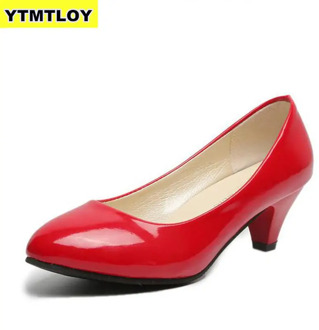 Women's Leather Med Heels New High Quality Shoes Classic Black&White Pumps for Office Ladies White High Heels Red Sexy Heels