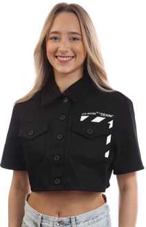 Women's Off White Diagonal Pocket Cropped Shirt in Black-White Zwart/wit