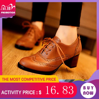 Women's Pump Shallow Brogue Shoe Vintage Chunky Heel Cut Out Oxford Shoes Woman Lace Up Female Fashion Elegant Ladies Short Boot