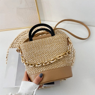 Women's Woven Bag Tote New Style Straw Woven Beach Messenger Shoulder Bag Female Travel Shopping Handbag Clutchbag Khaki
