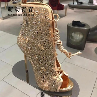 Women Sandals High Heeled Rhinestone Shoes Open Toe Gold Lace Up Gladiator Sandal Party Evening Shoes Fashion Pumps Summer Boots