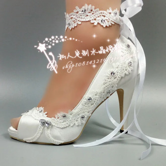 Women Shoes Peep Toe lace silk satin wedding crystal flowers bride wedding dress photography waterproof wristband platform
