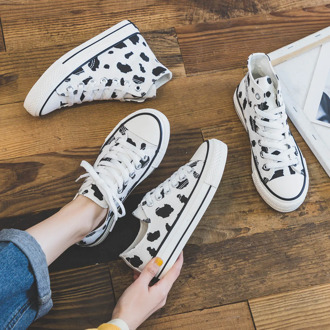 Women Sneakers Cow Print Low High Lace Up Flat Heel Girl Canvas Shoes Animal Character Students White Shoes Fashion 2020 Spring