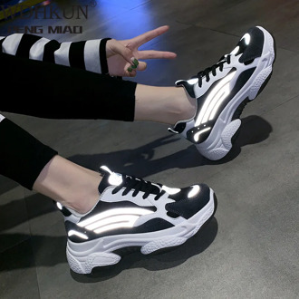 Women Sneakers Reflective Breathable Thick Sole Women Shoes Black Dad Shoes Korean Spring Platform Sneakers Chaussures Femme