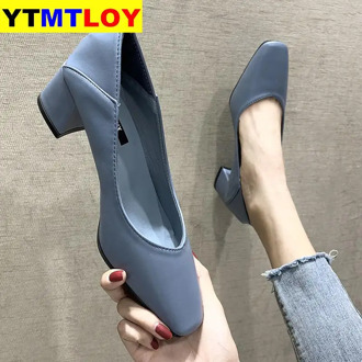 Women Spring Square High Heels Shoe Woman Classic Slip On Casual Ladies Elegant Square Toe Soft PU Fashion Female Pump New
