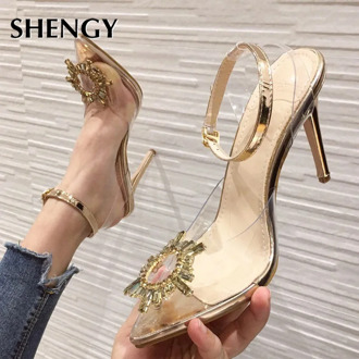 Women Transparent Pumps Rhinestone Pointed High Heel Shoes Buckle Strap Woman Casual Shoes Ladies Stiletto Party Wedding Shoes