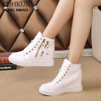 Women Wedge Platform Rubber Brogue Leather Lace Up High Heel 6 Cm Shoes Pointed Toe Increasing Creepers White Sneakers Zipper