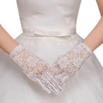Womens Bloemen Kant Witte Korte Handschoenen Volledige Fingered Pols Lengte See Through Effen Kleur Bridal Wedding Wanten Vintage
