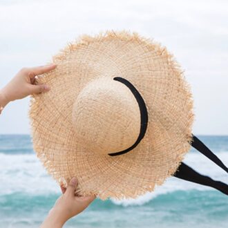 Womens Brede Rand Kant Golvend Zonnehoed Met Wind Lanyard Upf Zomer Strooien Hoeden Voor Camping Strand zwart