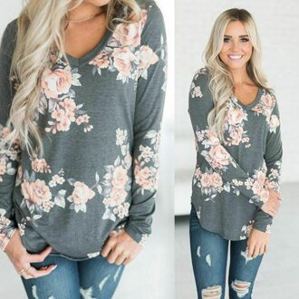 Womens Crew Neck Pullover Tops Casual Lange Mouwen Bloemen Tuniek Blouse T-shirt Us