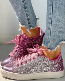 Womens Fashion Casual Rock Glitter Sparkling Sneakers Women's Encrusted Lace Up Shoes White Sole Fashion Street Sneakers Shiny