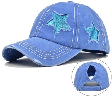 Womens Gewassen Katoen Baseball Cap Glitter Ster Borduurwerk Vintage Verontruste Rommelig Hoge Broodje Paardenstaart Gat Trucker Hoed blauw