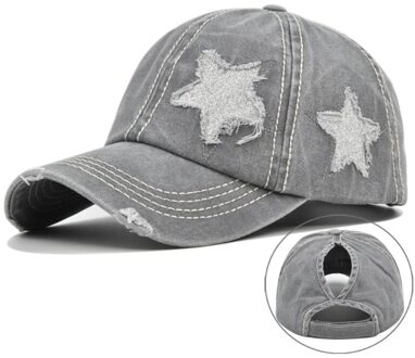 Womens Gewassen Katoen Baseball Cap Glitter Ster Borduurwerk Vintage Verontruste Rommelig Hoge Broodje Paardenstaart Gat Trucker Hoed grijs