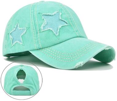 Womens Gewassen Katoen Baseball Cap Glitter Ster Borduurwerk Vintage Verontruste Rommelig Hoge Broodje Paardenstaart Gat Trucker Hoed groen