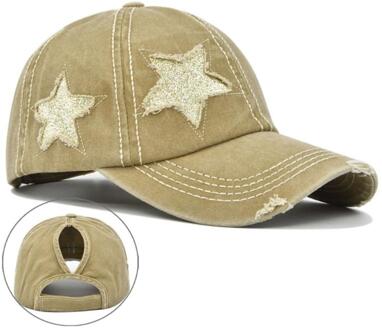 Womens Gewassen Katoen Baseball Cap Glitter Ster Borduurwerk Vintage Verontruste Rommelig Hoge Broodje Paardenstaart Gat Trucker Hoed khaki