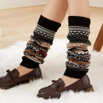 Womens Harajuku Retro Beenwarmers Mode Winter Gebreide Sokken Haak Gebreide Beenwarmers Vrouwelijke Legging Knie Hoge Sokken #3 zwart