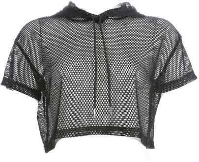 Womens Hollow Mesh Netto Hooded T-Shirt Korte Mouw Tee Tops Transparant Zwart Swxy Clubwear Party zwart / S