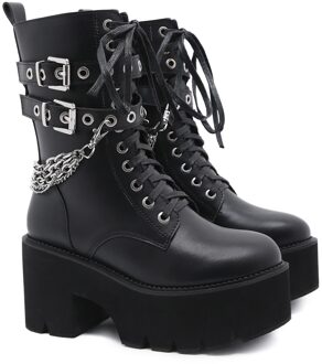 Womens Midcalf Laarzen Keten Details Platform Schoenen Lace Up Zwart Maat 40 41 42 43qq045
