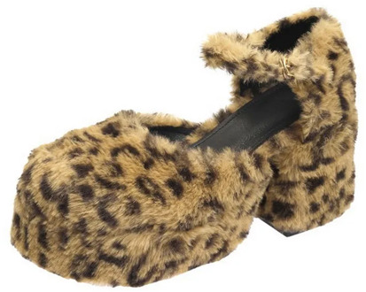 Womens Round Toe Leopard Furry Fur Mixed Colors Platform Pumps Block High Heel Ankle Buckle Shoes Lolita Cosplay Sexy Halloween