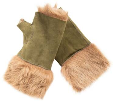 Womens Shearling Wanten Vingerloze manchetten Toscana Suède Schapenvacht Bont Olijf