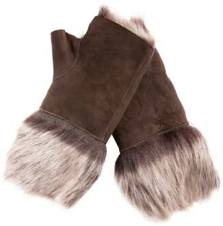 Womens Shearling Wanten Vingerloze manchetten Toscana Suède Schapenvacht Bont Zwart en zilver - One Size