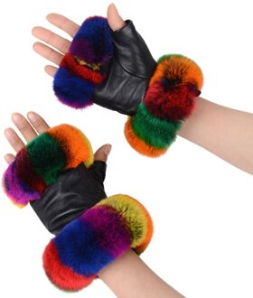 Womens Winter Faux Leather Half Vinger Handschoenen Met Kleurrijke Fluffy Pluche Trim Outdoor Rijden Thermische Vingerloze Wanten