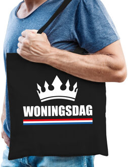 Woningsdag tas / shopper zwart katoen met witte tekst en kroon voor heren - Feest Boodschappentassen
