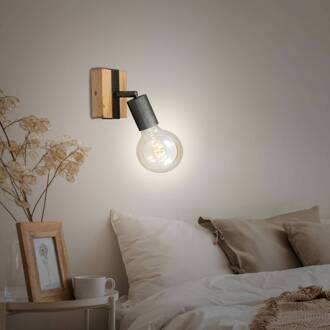 WOOD BASIC wandlamp - Spot draaibaar - E27 max. 25W - Hout en Metaal - Zwart en Metaal grijs