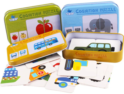 Wooden 3D Puzzle Jigsaw Baby Learning Cards Matching Game Toys Iron Box Preschool Puzzles Intelligence Children Educational Toy