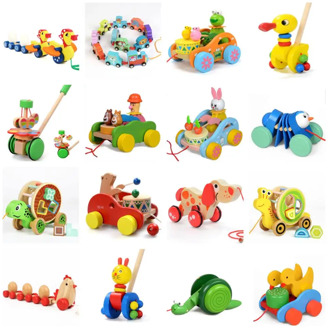 Wooden Animal Puzzle Toy Pull Along Car Colorful Bear Rabbit Duck Chicken Fox Shape Toddler Learning Walking Toy for Baby Kids
