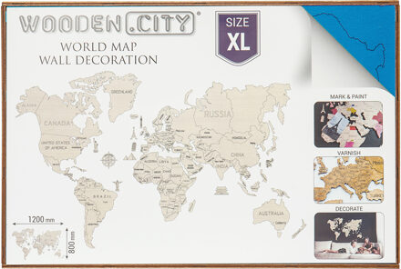 Wooden City Wereldkaart Xl - Houten Modelbouw - 120x80 Cm - Cyaan