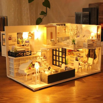 Wooden Dollhouse Cottage Model Miniature Diy Furniture Light Collection Gift Children Toy Mini Villa
