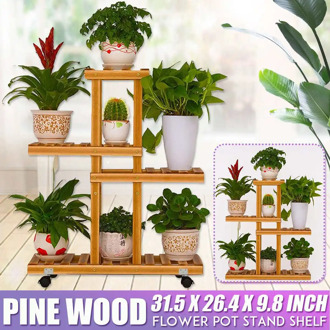 Wooden Flower Rack Plant Stand Multi Flower Stand Shelves Bonsai Display Shelf Garden Patio Balcony Flower Stands With Wheel