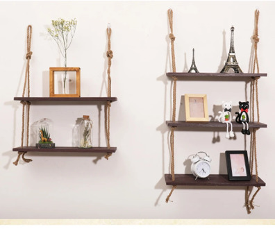Wooden Hanging Shelf Swing Rope Floating Shelves 3 Tier Jute Rope Wall Display Rack(Dark Brown) 47%