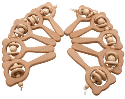 Wooden Rattle Beech Bear Hand Teething Wooden Ring Baby Rattles Play Gym Montessori Stroller Toy Educational Toys
