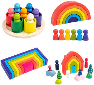 Wooden toys DIY assembled house rainbow building blocks set children Montessori early learning stacked balance educational toys