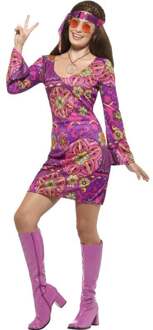 Woodstock Hippie Chick Costume Multi-Coloured with Dress Headscarf & Medallion