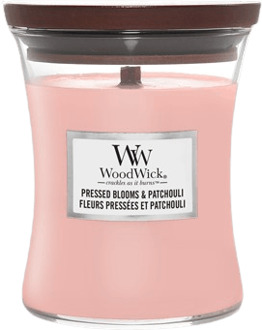 WoodWick Geurkaars Medium Pressed Blooms & Patchouli - 11 cm / ø 10 cm Roze